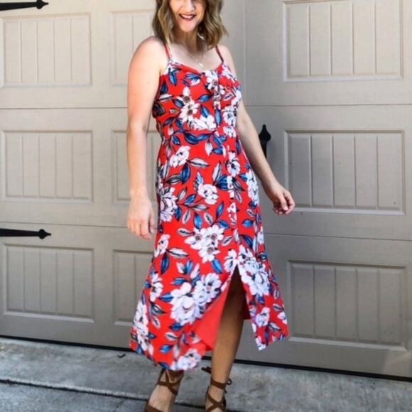 Red Floral Midi Dress - Picture 1 of 5